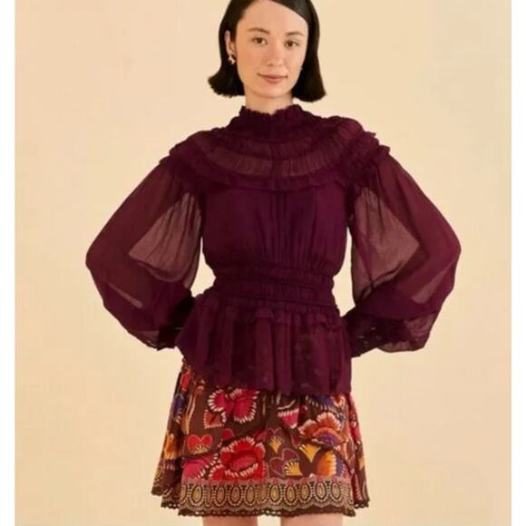 NWT Farm Rio Chiffon Ruffled Blouse in Bordeaux - Sz Large - Picture 12 of 15